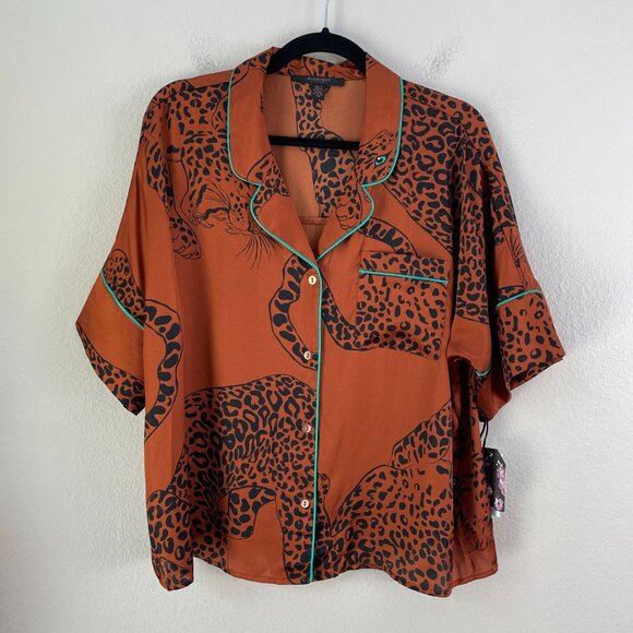 NEW Midnight Bakery Womens Medium Rust Leopard Animal Button Up Pajama Set - Picture 2 of 12